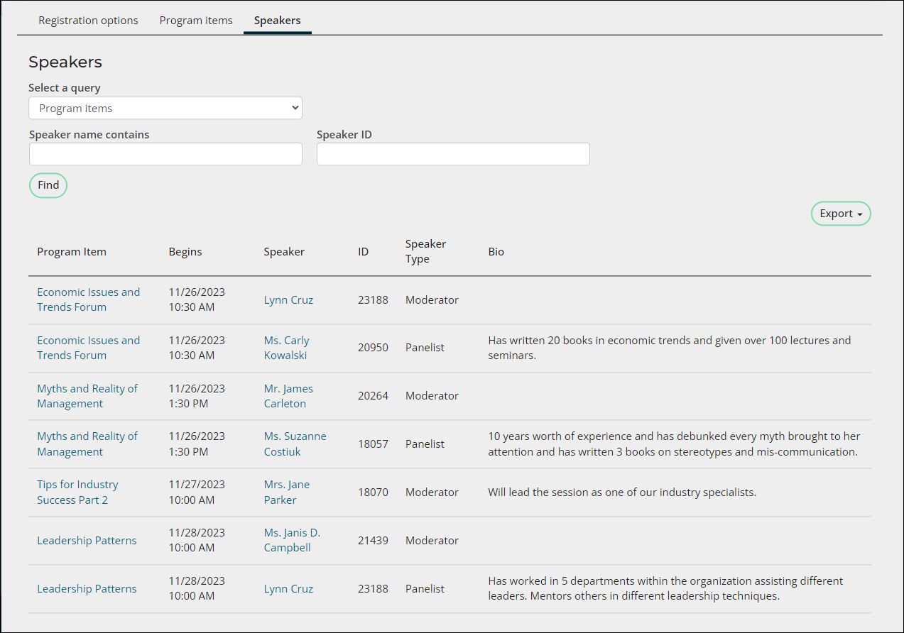 On the speakers page, the Program items query lists the speakers for each program item